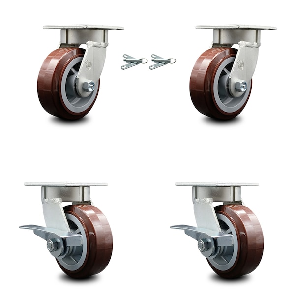 5 Inch Kingpinless Poly on Polyolefin Wheel Caster Swivel Locks 2 Brakes, 2PK